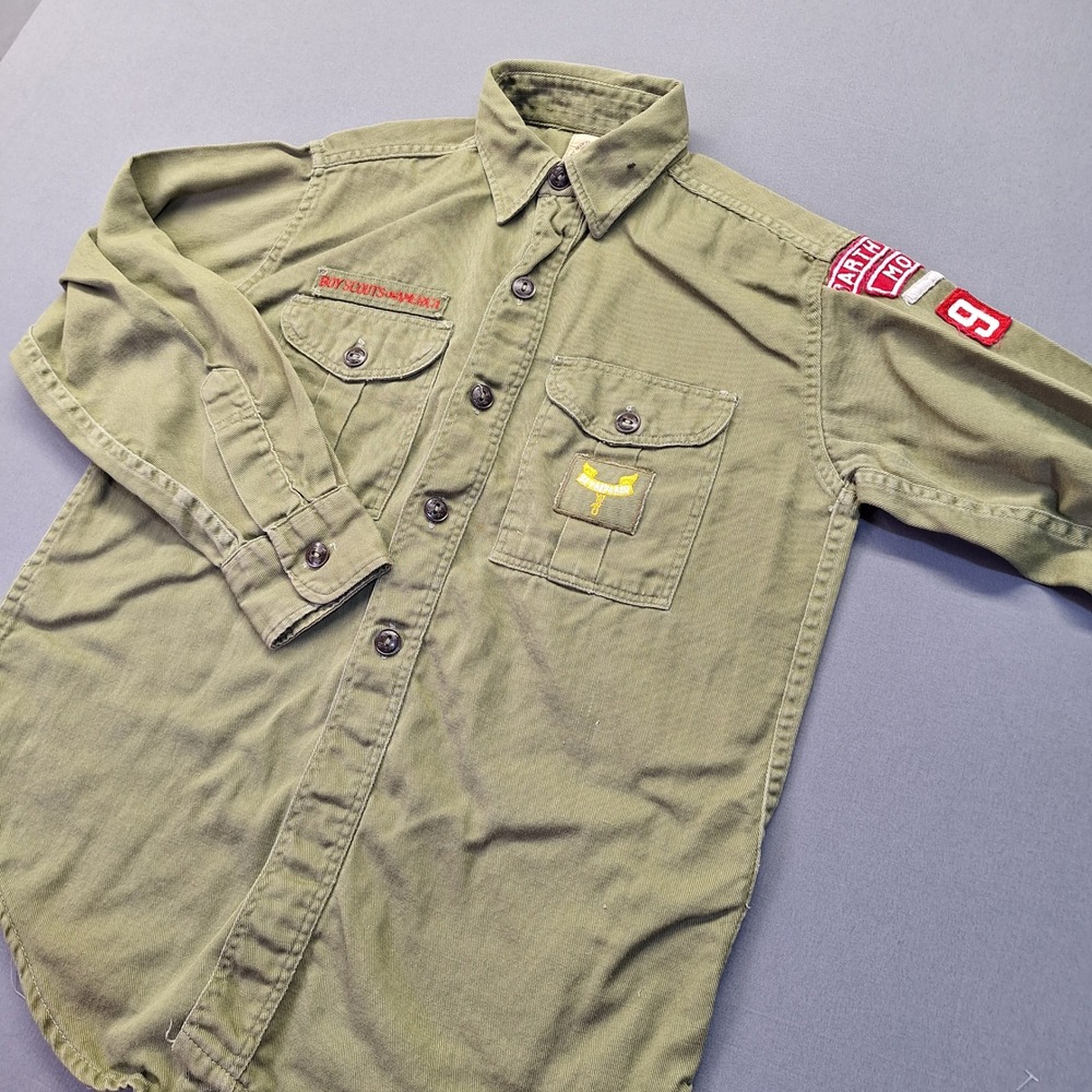 Vintage Boy Scouts of America Official Shirt Olive Drab Carthage MO Patch